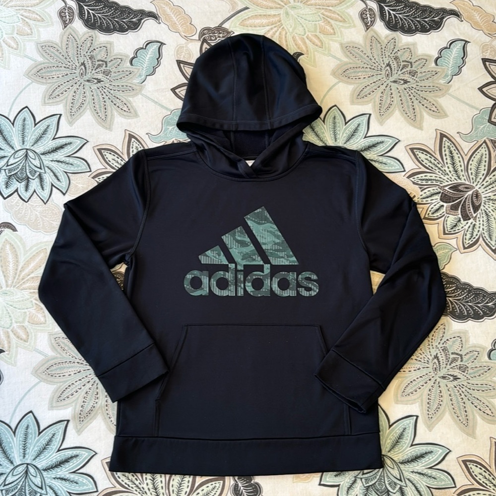Adidas Boys Black / Camo Hoodie 100% Polyester Size Large 14-16 Fleece Lined
